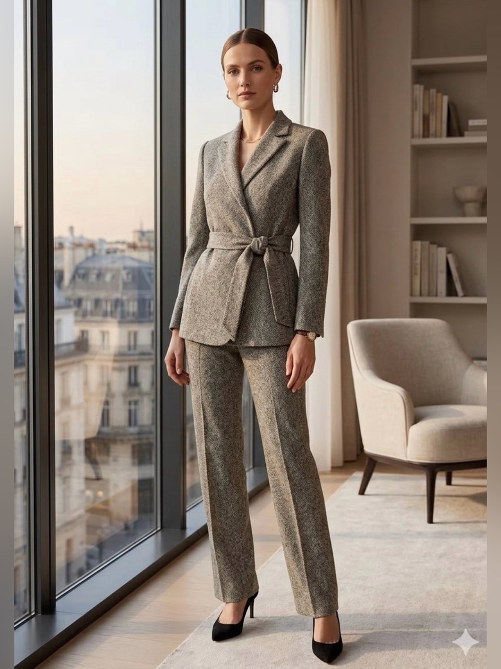 Max Mara Virgin Wool Tweed Pant Suit Set Gray Textured Belted Jacket 6 Pants 4